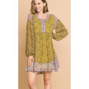 UMGEE Womens Large Animal Print Smocked Babydoll Boho Ruffle Lined Dress Tunic